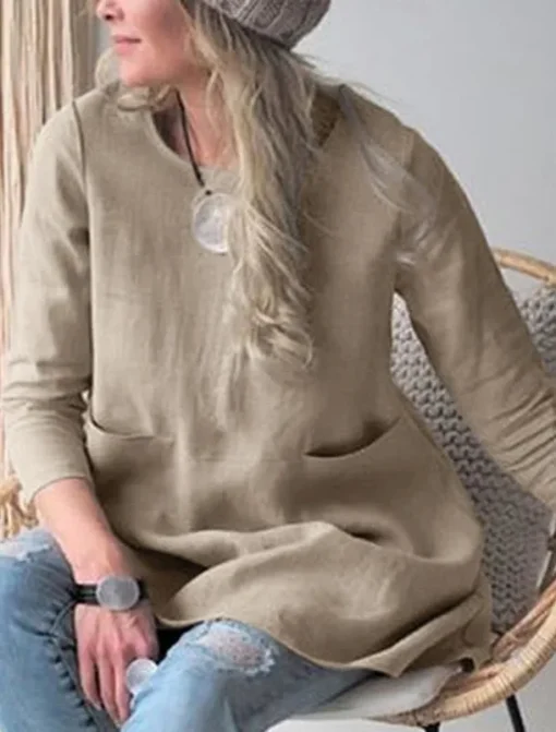 Women's Shirt Linen-Inspired Shirts Blouse Solid Color Stylish Casual 3/4 Length Sleeve Crew Neck Regular Tops Daily Pocket Black Khaki Summer