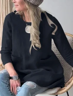 Women's Shirt Linen-Inspired Shirts Blouse Solid Color Stylish Casual 3/4 Length Sleeve Crew Neck Regular Tops Daily Pocket Black Khaki Summer