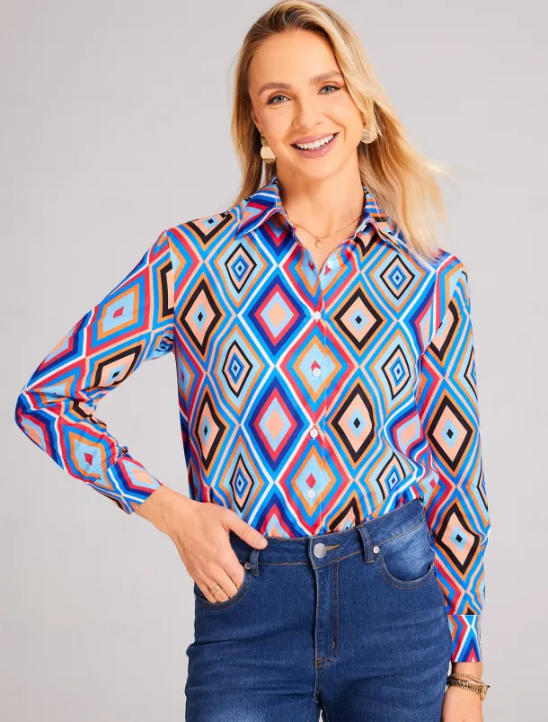Women's Shirt Long Sleeve Button Down Blouse Basic Neon & Bright Geometric Buttons Print Regular Tops Shirt Collar Casual Blue Brown Green Spring Fall