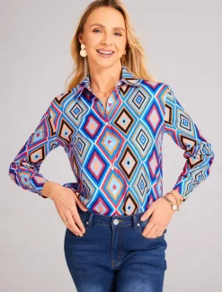 Women's Shirt Long Sleeve Button Down Blouse Basic Neon & Bright Geometric Buttons Print Regular Tops Shirt Collar Casual Blue Brown Green Spring Fall