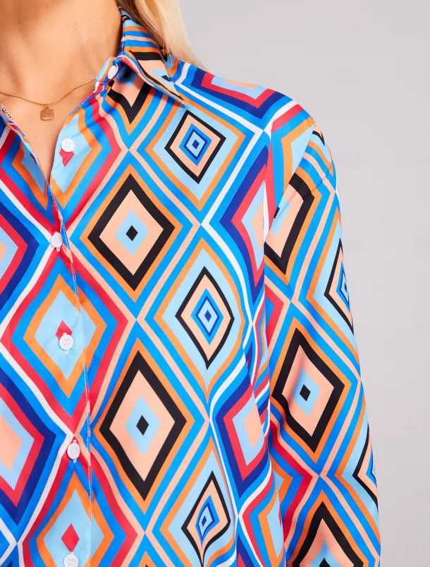 Women's Shirt Long Sleeve Button Down Blouse Basic Neon & Bright Geometric Buttons Print Regular Tops Shirt Collar Casual Blue Brown Green Spring Fall