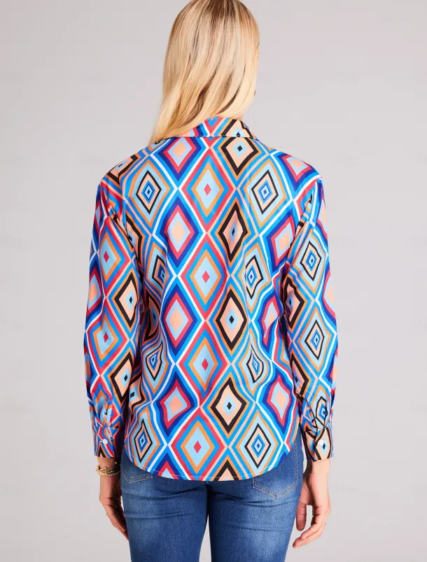 Women's Shirt Long Sleeve Button Down Blouse Basic Neon & Bright Geometric Buttons Print Regular Tops Shirt Collar Casual Blue Brown Green Spring Fall