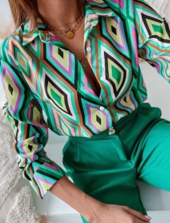 Women's Shirt Long Sleeve Button Down Blouse Basic Neon & Bright Geometric Buttons Print Regular Tops Shirt Collar Casual Blue Brown Green Spring Fall
