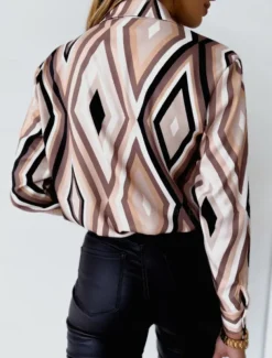 Women's Shirt Long Sleeve Button Down Blouse Basic Neon & Bright Geometric Buttons Print Regular Tops Shirt Collar Casual Blue Brown Green Spring Fall