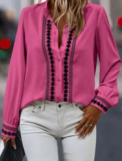 Women's Shirt Long Sleeve Button Down Blouse Fashion Embroidered Buttons Regular Tops Shirt Collar Casual Black White Pink Blue Beige Spring & Fall