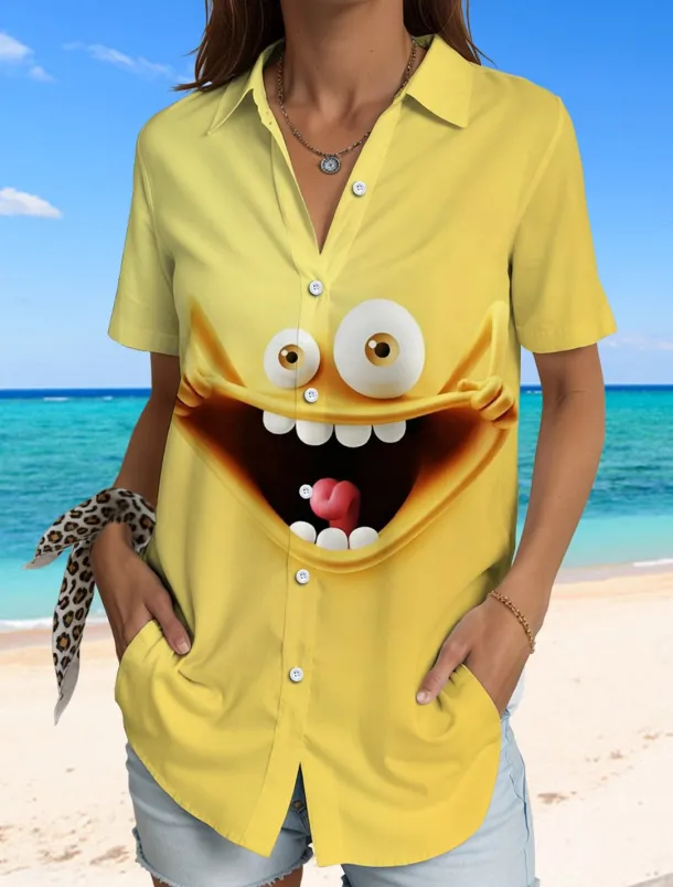 Women's Shirt Long Sleeve Button Down Blouse Graphic 3D Vintage Tropical Daily Short Sleeve Shirt Collar Regular Tops Daily Yellow Blue Purple Summer Spring