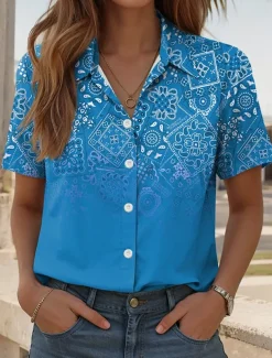 Women's Shirt Long Sleeve Button Down Blouse Ombre Graphic Paisley Daily Casual Short Sleeve Shirt Collar Regular Tops Daily Red Blue Fuchsia Summer Spring