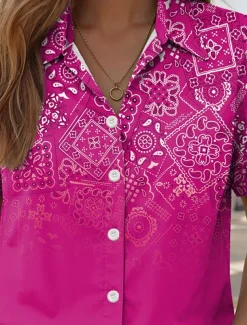 Women's Shirt Long Sleeve Button Down Blouse Ombre Graphic Paisley Daily Casual Short Sleeve Shirt Collar Regular Tops Daily Red Blue Fuchsia Summer Spring