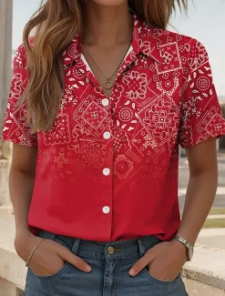 Women's Shirt Long Sleeve Button Down Blouse Ombre Graphic Paisley Daily Casual Short Sleeve Shirt Collar Regular Tops Daily Red Blue Fuchsia Summer Spring