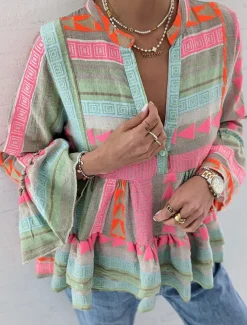 Women's Shirt Peplum Geometric Casual Long Sleeve Bell Sleeve V Neck Regular Tops Vacation Daily Print Pink Spring & Fall