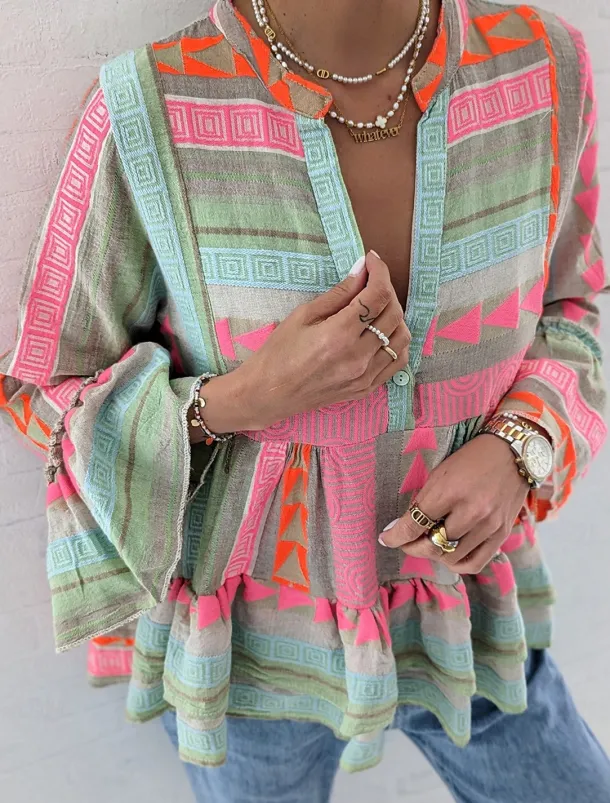 Women's Shirt Peplum Geometric Casual Long Sleeve Bell Sleeve V Neck Regular Tops Vacation Daily Print Pink Spring & Fall