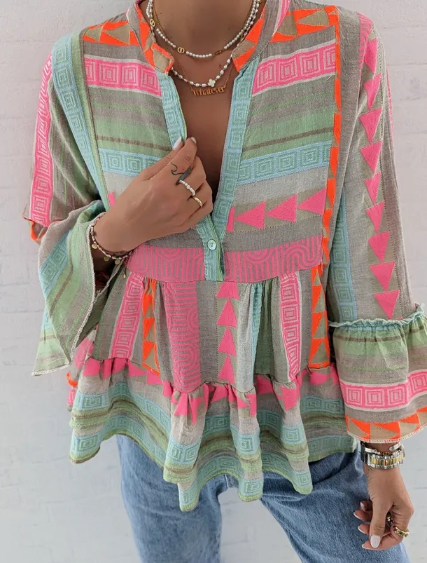 Women's Shirt Peplum Geometric Casual Long Sleeve Bell Sleeve V Neck Regular Tops Vacation Daily Print Pink Spring & Fall