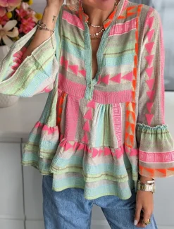 Women's Shirt Peplum Geometric Casual Long Sleeve Bell Sleeve V Neck Regular Tops Vacation Daily Print Pink Spring & Fall