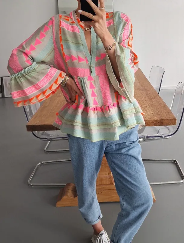 Women's Shirt Peplum Geometric Casual Long Sleeve Bell Sleeve V Neck Regular Tops Vacation Daily Print Pink Spring & Fall