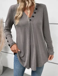 Women's Shirt Solid Color Casual Long Sleeve V Neck Regular Tops Daily Buttons Gray Fall Winter