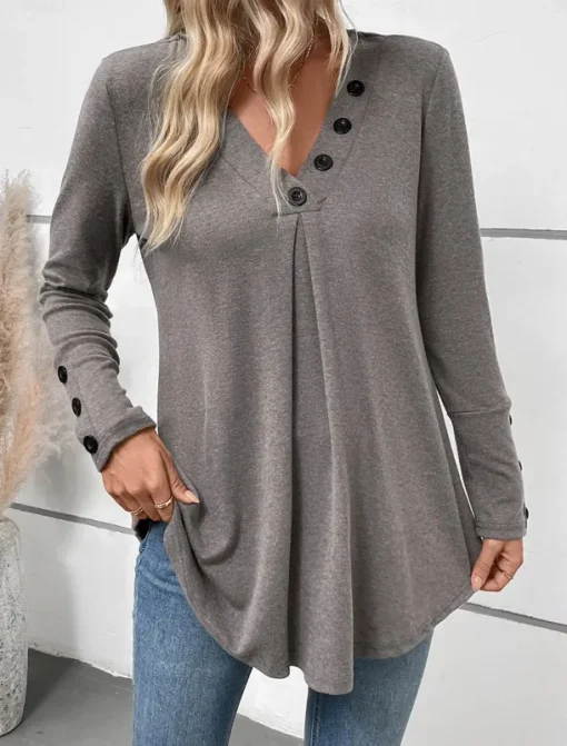Women's Shirt Solid Color Casual Long Sleeve V Neck Regular Tops Daily Buttons Gray Fall Winter