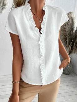 Women's Shirt Solid Color Plain Elegant Tropical Daily Short Sleeve V Neck Regular Tops Daily Holiday Beach Wear Ruffle White Orange Green Light Blue Summer Spring