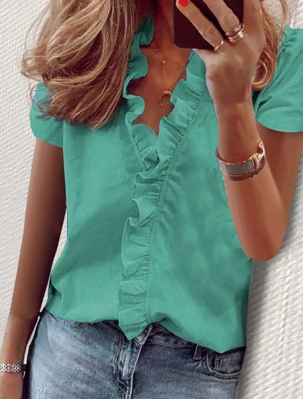 Women's Shirt Solid Color Plain Elegant Tropical Daily Short Sleeve V Neck Regular Tops Daily Holiday Beach Wear Ruffle White Orange Green Light Blue Summer Spring