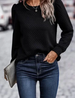 Women's Shirt Texture Sweatshirt Waffle Sweatshirt Solid Color Business Modern Long Sleeve Crew Neck Regular Tops Work Black Navy Blue Brown Beige Fall Winter