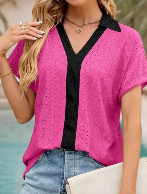 Women's Shirt Tunic Plain Short Sleeve V Neck Shirt Collar Work Daily Sage Green Pink Rose Pink Summer