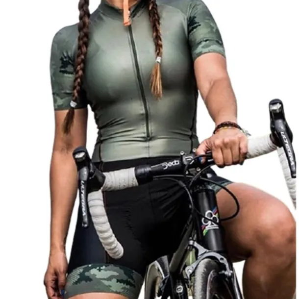 Women's Short Sleeve Cycling Jersey with Shorts Triathlon Tri Suit Summer Spandex Polyester Green White Black Patchwork Funny Bike Clothing Suit Breathable Quick Dry Back Pocket Sweat wicking Sports