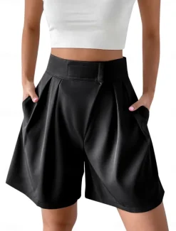Women's Shorts Baggy Pants Chinos Shorts Fashion Streetwear Basic Knee Length High Waist Plain Pocket Elastic Waistband Comfy Soft Comfortable Micro-elastic Outdoor Street Black White Red Brown