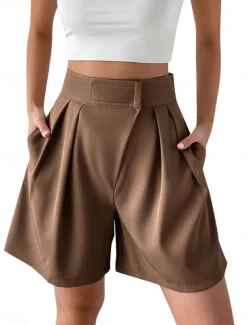 Women's Shorts Baggy Pants Chinos Shorts Fashion Streetwear Basic Knee Length High Waist Plain Pocket Elastic Waistband Comfy Soft Comfortable Micro-elastic Outdoor Street Black White Red Brown