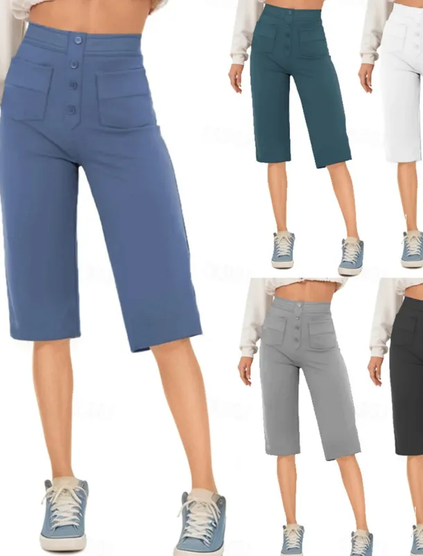 Women's Shorts Capri shorts Streetwear Casual Knee Length High Waist Plain Pocket Elastic Drawstring Design High Cut Breathability Soft Micro-elastic Vacation Street Daily Wear White Royal Blue