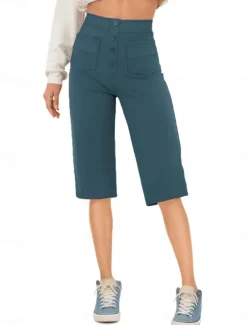 Women's Shorts Capri shorts Streetwear Casual Knee Length High Waist Plain Pocket Elastic Drawstring Design High Cut Breathability Soft Micro-elastic Vacation Street Daily Wear White Royal Blue