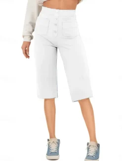 Women's Shorts Capri shorts Streetwear Casual Knee Length High Waist Plain Pocket Elastic Drawstring Design High Cut Breathability Soft Micro-elastic Vacation Street Daily Wear White Royal Blue