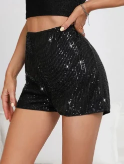 Women's Shorts Casual Daily Short Plain Sequins Breathability Comfortable Micro-elastic Club Weekend Black White Gold Rose Red Summer Regular Fit