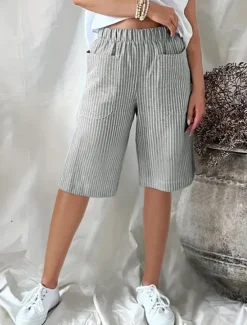 Women's Shorts Casual Daily Knee Length Striped Pocket Elastic Waistband Breathability Comfortable Inelastic Going out Weekend Black Yellow Pink Navy Blue Summer Regular Fit