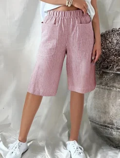 Women's Shorts Casual Daily Knee Length Striped Pocket Elastic Waistband Breathability Comfortable Inelastic Going out Weekend Black Yellow Pink Navy Blue Summer Regular Fit