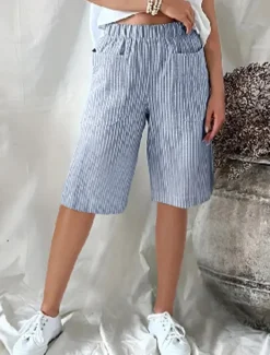 Women's Shorts Casual Daily Knee Length Striped Pocket Elastic Waistband Breathability Comfortable Inelastic Going out Weekend Black Yellow Pink Navy Blue Summer Regular Fit