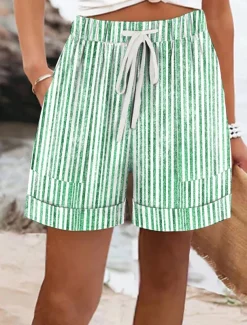 Women's Shorts Chinos Vacation Basic Casual Short Mid Waist Striped Elastic Waist Vacation Street Causal Ash Violet Robin's Egg Blue Red Summer Spring Regular Fit