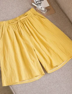 Women's Shorts Cotton And Linen Side Pockets Plain Short White Summer