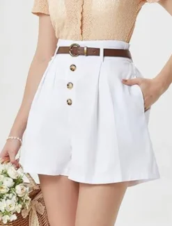 Women's Shorts Slacks Fashion Short Natural Plain Pocket Buckle Outdoor Comfortable Holiday Going out Apricot Black White Ginger Summer Regular Fit