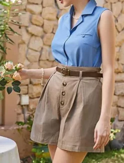 Women's Shorts Slacks Fashion Short Natural Plain Pocket Buckle Outdoor Comfortable Holiday Going out Apricot Black White Ginger Summer Regular Fit