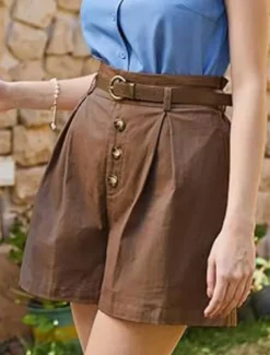 Women's Shorts Slacks Fashion Short Natural Plain Pocket Buckle Outdoor Comfortable Holiday Going out Apricot Black White Ginger Summer Regular Fit