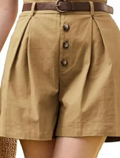 Women's Shorts Slacks Fashion Short Natural Plain Pocket Buckle Outdoor Comfortable Holiday Going out Apricot Black White Ginger Summer Regular Fit