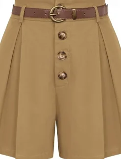 Women's Shorts Slacks Fashion Short Natural Plain Pocket Buckle Outdoor Comfortable Holiday Going out Apricot Black White Ginger Summer Regular Fit