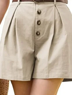 Women's Shorts Slacks Fashion Short Natural Plain Pocket Buckle Outdoor Comfortable Holiday Going out Apricot Black White Ginger Summer Regular Fit
