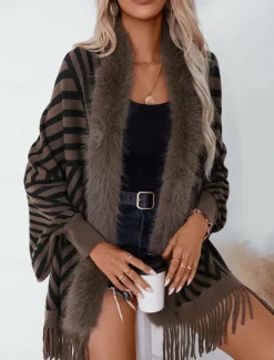 Women's Shrug Casual Soft Striped Ribbed Crew Neck Knitted Faux Fur Trim Long Sleeve Regular Tops Knit Outdoor Daily Weekend Wine Apricot Fall Winter