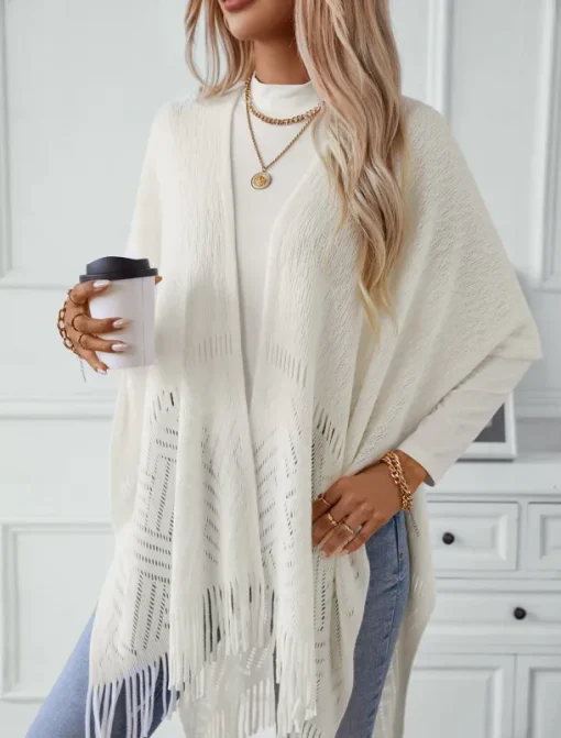 Women's Shrug Stylish Casual Solid Color Ribbed Open Front Tassel Knitted Sleeveless Regular Tops Knit Outdoor Daily White Khaki Fall Winter