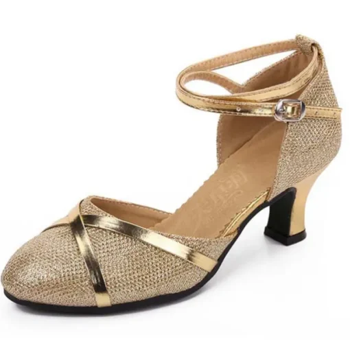 Women's Silver Glitter Ballroom Dance Shoes – Low Heel Latin Salsa Tango Shoes with Ankle Strap and Soft Suede Sole for Performance & Competition