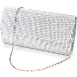 Women's Silver Glitter Clutch Purse – Elegant Evening Handbag with Chain Strap for Weddings, Parties, and Formal Events