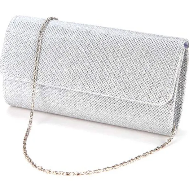 Women's Silver Glitter Clutch Purse – Elegant Evening Handbag with Chain Strap for Weddings, Parties, and Formal Events