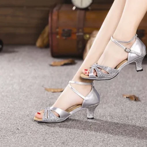 Women's Silver Glitter Dance Shoes with Low Heels and Ankle Straps – Perfect for Ballroom, Latin, and Party Events