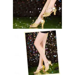 Women's Silver Glitter Dance Heels with T-Strap and Open-Toe Design – Elegant Shoes for Ballroom, Latin, and Party Performances