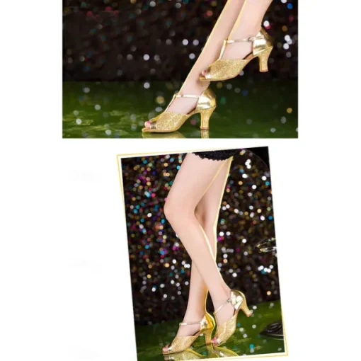 Women's Silver Glitter Dance Heels with T-Strap and Open-Toe Design – Elegant Shoes for Ballroom, Latin, and Party Performances